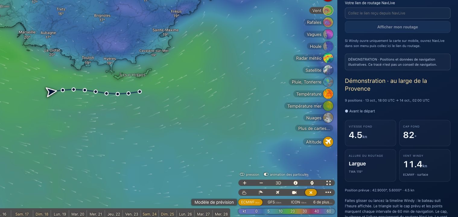 Illustrative NavLive demo in Windy